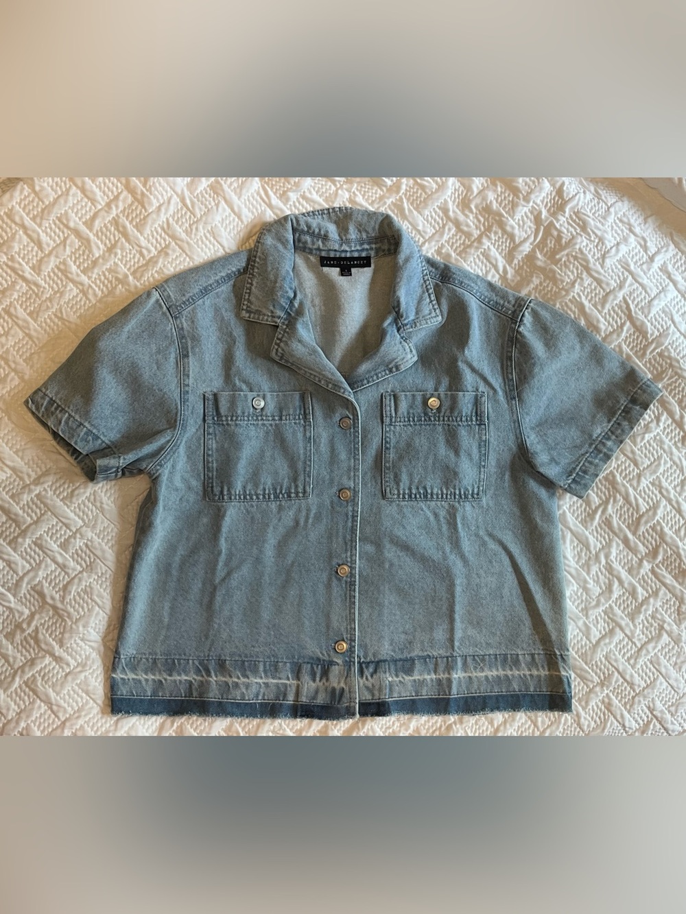 Jane and Delancey- Anthropology Cropped Light Blue Short-Sleeve Denim Shirt